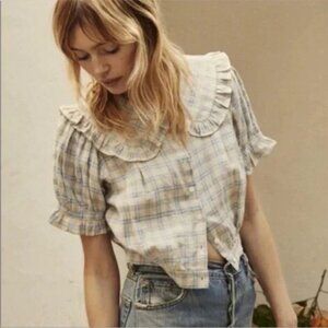 Doen Sparrow Top in Blue Meadowlark Plaid size Small